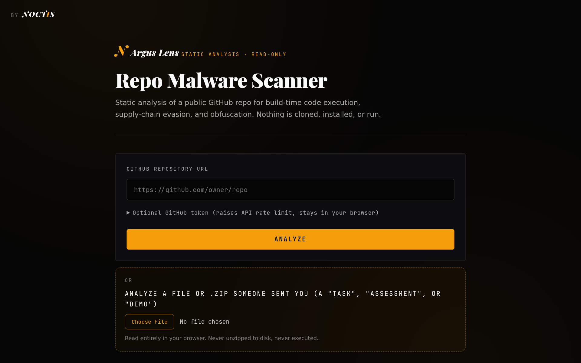 Argus Lens: paste a GitHub repo URL and get a static malware verdict. Nothing is cloned, installed, or run.