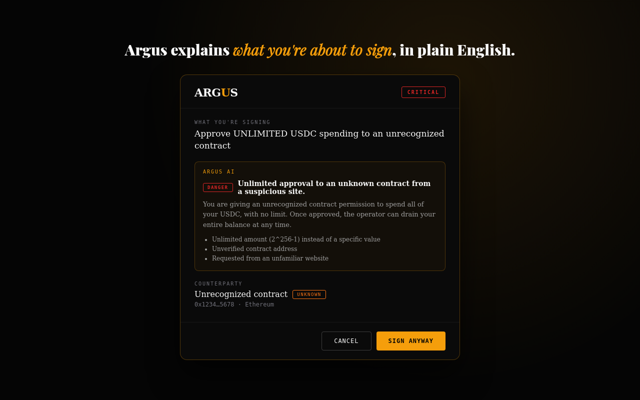 Argus intercepting a signing request: unlimited USDC approval to an unrecognized contract, flagged CRITICAL with a plain-English explanation.