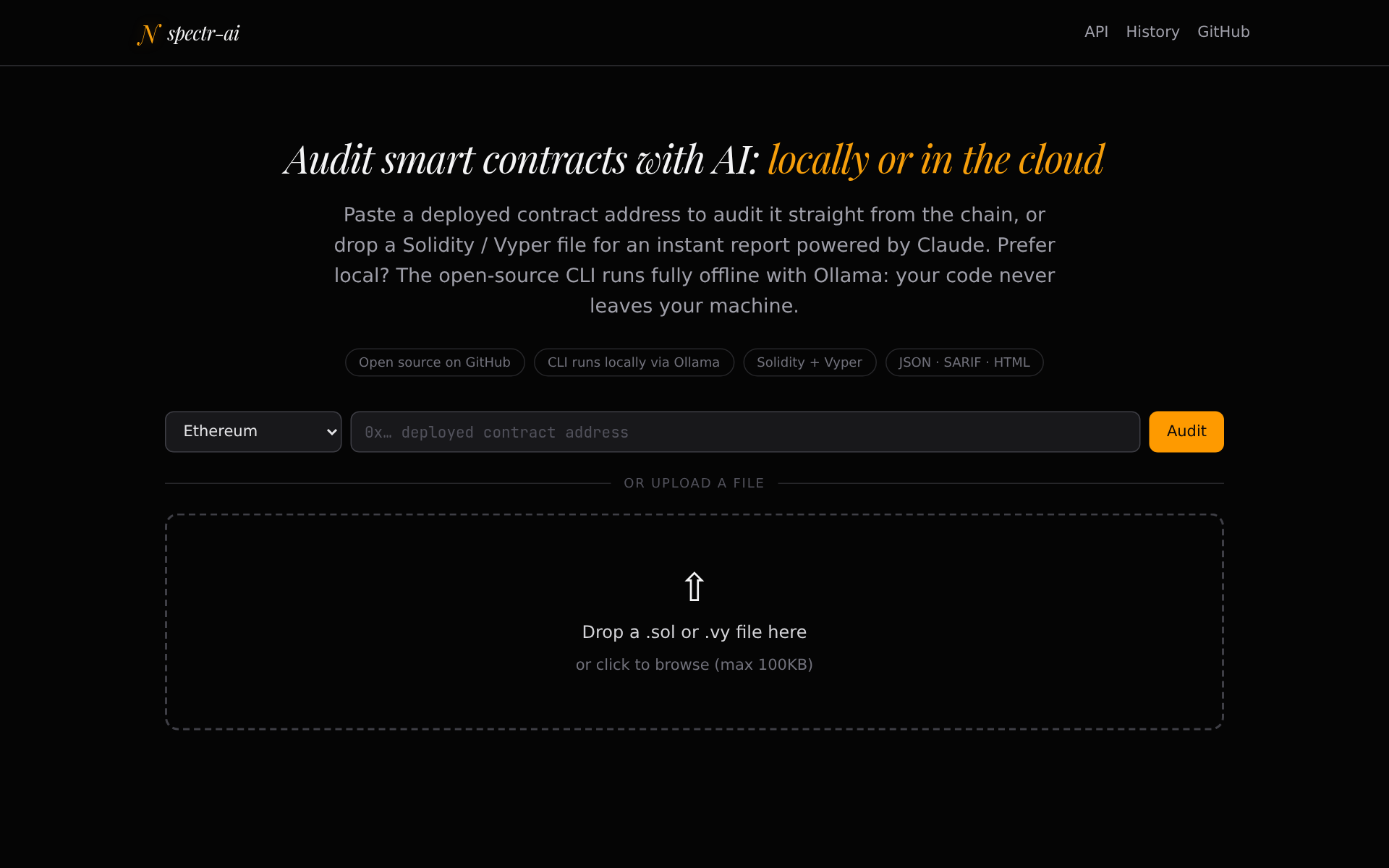 spectr-ai live: audit a deployed contract by address or drop a Solidity/Vyper file for an instant AI security report.